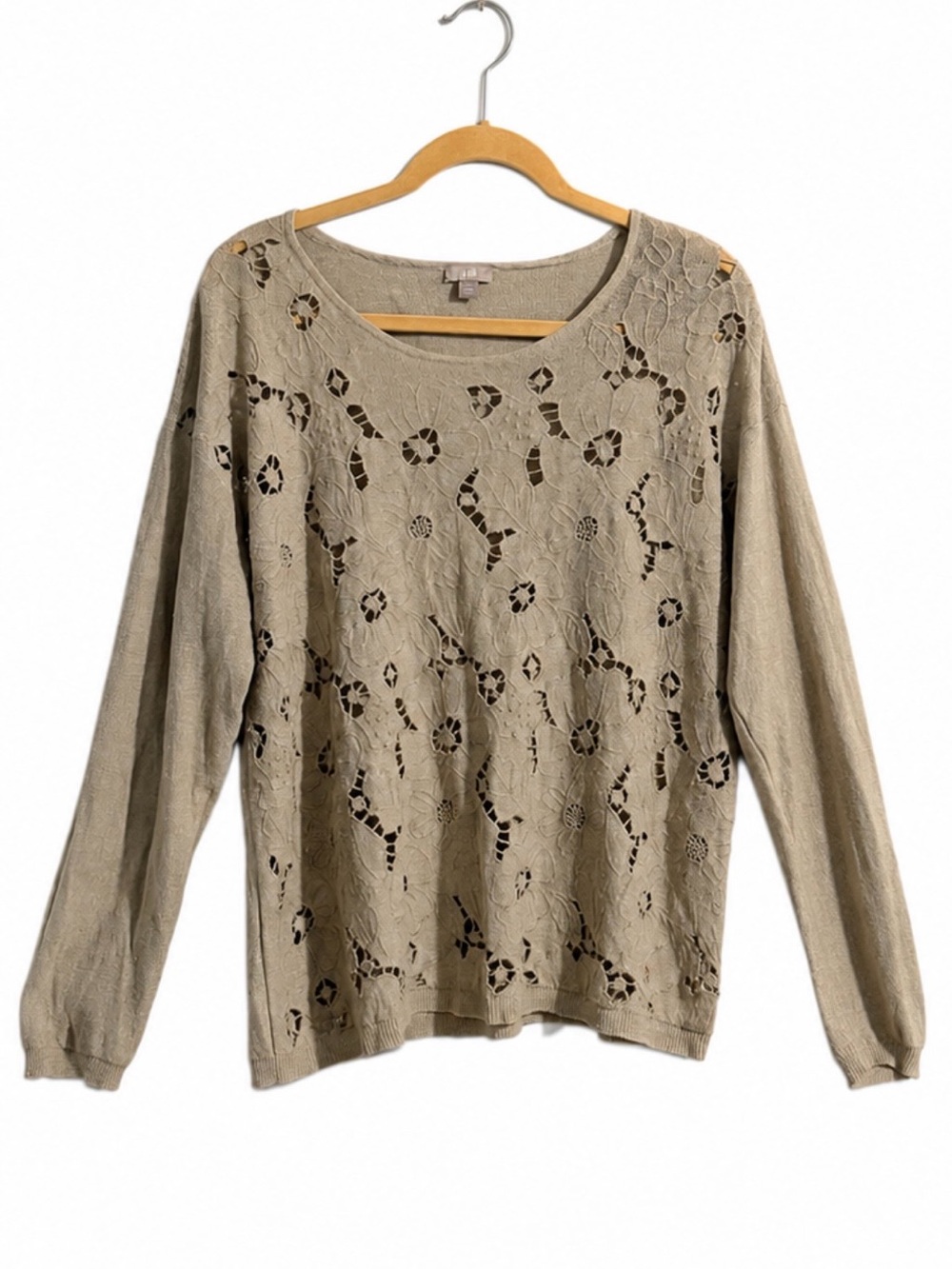 J. Jill Linen Blend Floral Cutout Knit Sweater Beige Taupe Crewneck Large